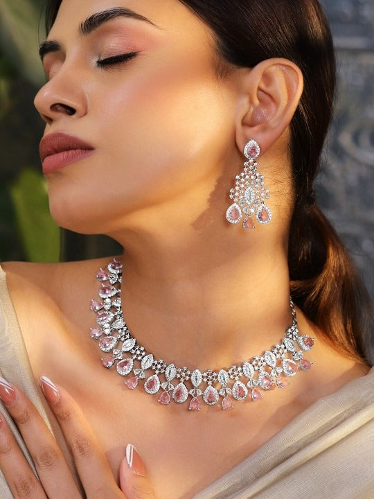 Women Rhodium-Plated Pink AD & Cubic Zirconia Studded Statement Necklace Set VitansEthnics