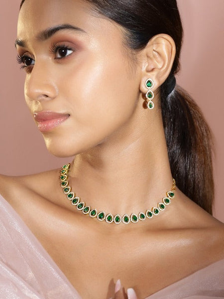 Women Gold-Plated Emerald Green Stone & White Cubic Zirconia Handcrafted Necklace Set VitansEthnics
