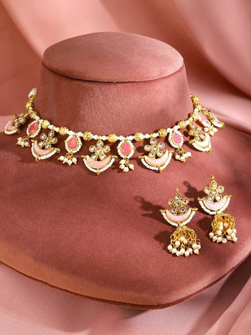 Women Gold Plated Pink & White Enamelled Kundan Studded Choker Set with Pearl Details VitansEthnics
