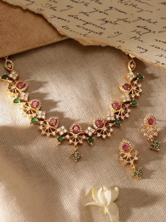 Women Gold-Plated CZ and Ruby & Emerald Studded Necklace Set VitansEthnics