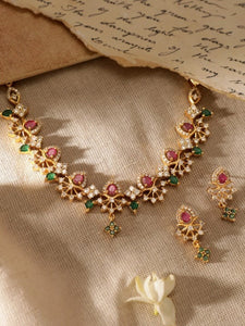 Women Gold-Plated CZ and Ruby & Emerald Studded Necklace Set VitansEthnics