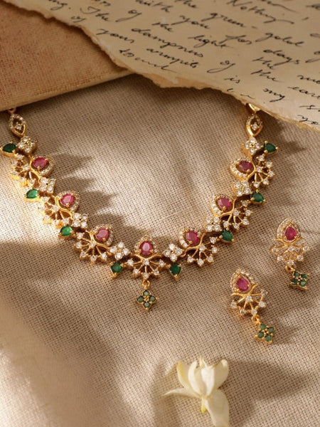 Women Gold-Plated CZ and Ruby & Emerald Studded Necklace Set VitansEthnics