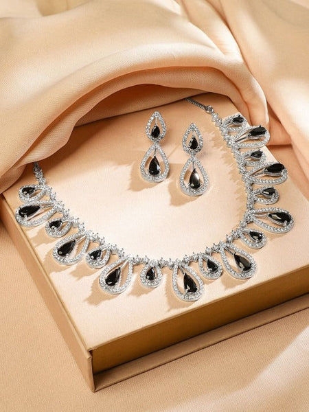 Women Rhodium-Plated Black AD & White Cubic Zirconia Studded Teardrop Design Necklace Set VitansEthnics