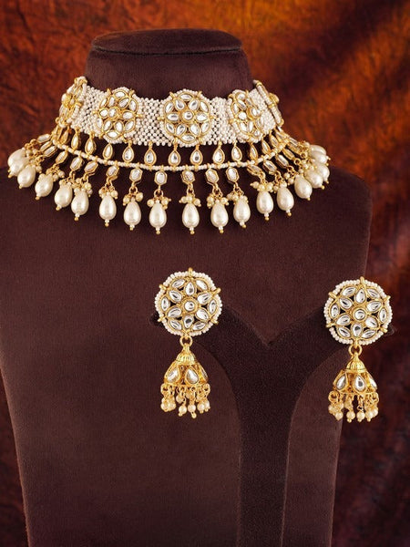 Women Gold Plated Kundan Studded Pearl Beaded Layered Choker Jewellery Set VitansEthnics