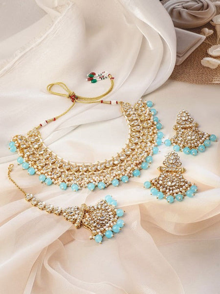 Women Gold-Plated Kundan Studded Necklace Set with White Pearls & Blue Bead Drops VitansEthnics