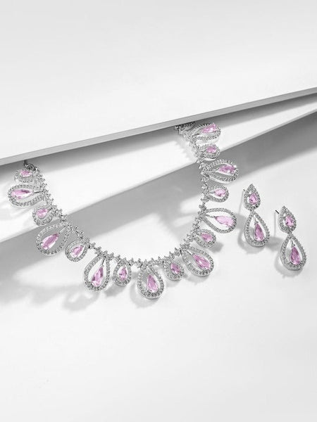 Women Rhodium Plated Crystal Purple & Cubic Zicronia Studded Premium Jewellery Set VitansEthnics