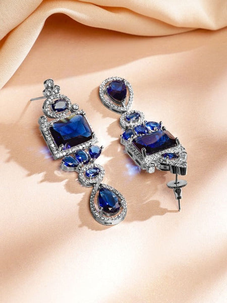 Women Rhodium-Plated Blue Sapphire & White Cubic Zirconia Studded Luxe Jewellery Set VitansEthnics
