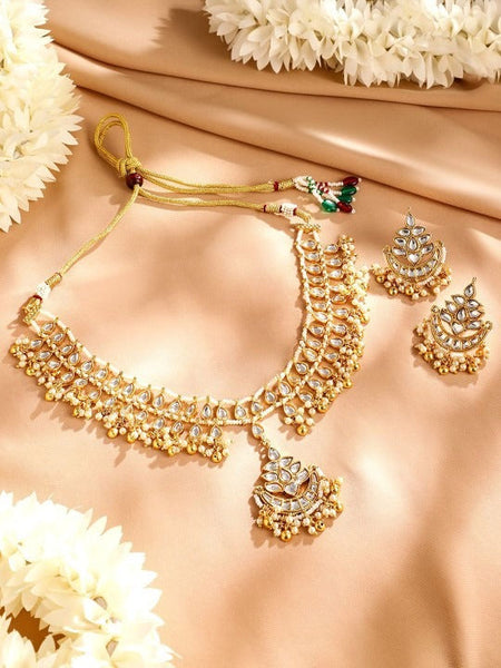 Women Gold-Plated Kundan & Pearl Beaded Handcrafted Choker Jewellery Set VitansEthnics