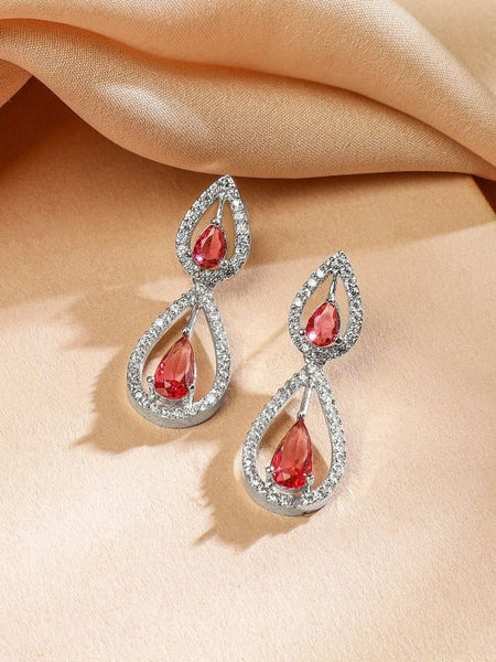Women Rhodium-Plated Rose Pink & White Cubic Zirconia Studded Teardrop Necklace Set VitansEthnics