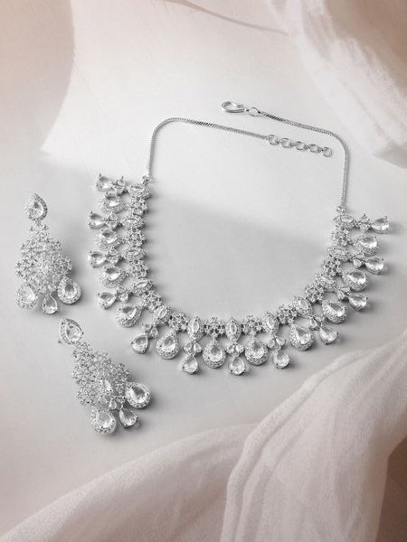 Women Rhodium-Plated Crystal White AD & Cubic Zirconia Studded Statement Necklace Set VitansEthnics