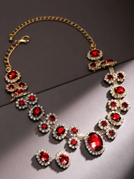 Women Gold Plated Crystal Ruby & CubicZirconia Studded Statement Necklace Set VitansEthnics
