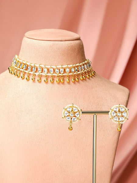 Women Gold-Plated White Kundan Studded Gold Beaded Detailing Choker Necklace Set VitansEthnics