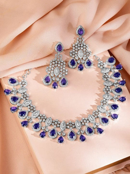 Women Rhodium-Plated Blue Sapphire & White CubicZirconia Statement Necklace Set VitansEthnics