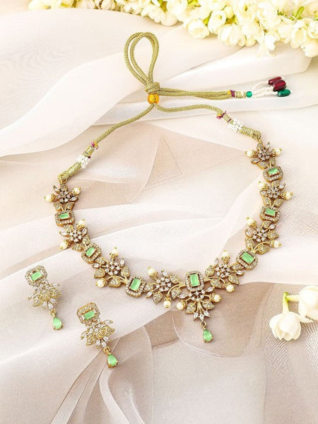 Women Gold-Plated Light Green & Cubic Zirconia Studded Necklace Set with Pearl Drops VitansEthnics
