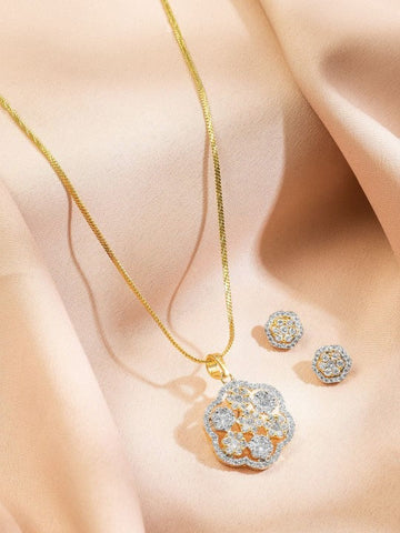 Women Gold-Plated White Cubic Zirconia Floral Pendant Necklace Set VitansEthnics