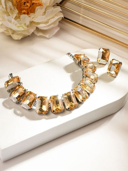 Women Rhodium-Plated Yellow Crystal Cubic Zirconia Studded Statement Choker Jewellery Set VitansEthnics