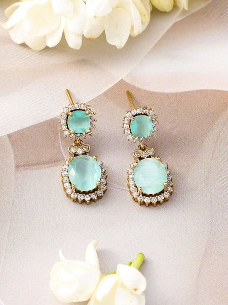 Women Gold-Plated Aqua Green Stone & Cubic Zirconia Studded Necklace Set with Earring VitansEthnics