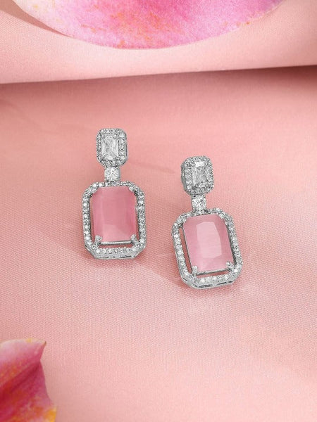 Women Rhodium-Plated Pink Sapphire & White Cubic Zirconia Studded Premium Jewellery Set VitansEthnics