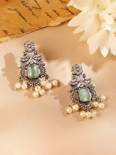 Women Oxidised Silver-Plated Mint Green Stone Studded Pearl Beaded Necklace Set VitansEthnics