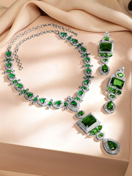 Women Rhodium-Plated Emerald Green & White Cubic Zirconia Studded Luxe Jewellery Set VitansEthnics
