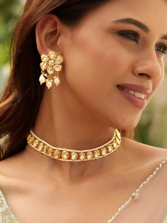 Women Gold Plated Kundan and Pearl Studded Choker Jewellery Set VitansEthnics