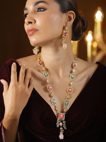 Women Gold-Plated Enamel Kundan Necklace Set with Pastel Pink Green Beads & CZ Accent VitansEthnics