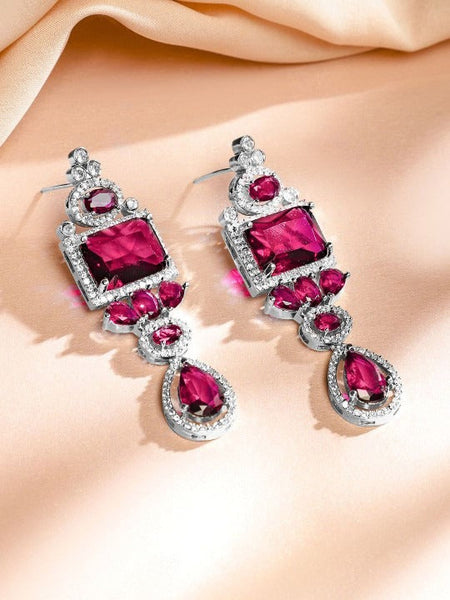 Women Rhodium-Plated Ruby Pink & White Cubic Zirconia Studded Luxe Jewellery Set VitansEthnics