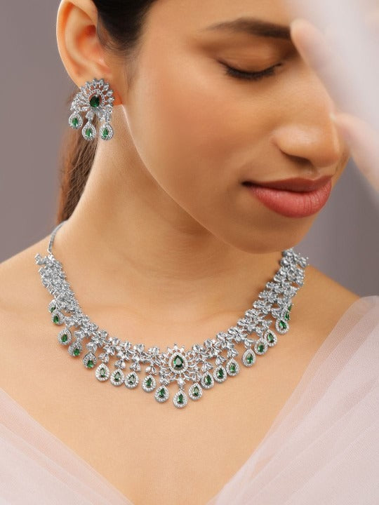 Women Rhodium-Plated Emerald Green & White Cubic Zirconia Studded Chandelier Necklace Set VitansEthnics