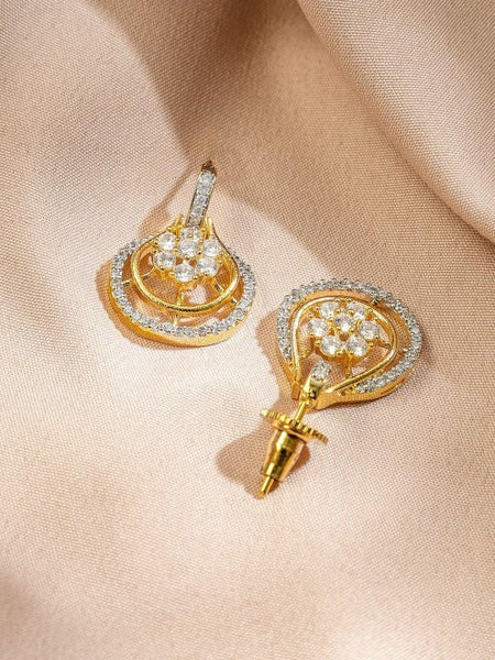 Women Gold-Plated White Cubic Zirconia Studded Teardrop Floral Pendant Necklace Set VitansEthnics