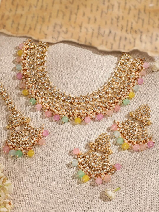 Women Gold Plated Kundan Studded Multicolor Pearl Beaded Traditional Jewellery Set VitansEthnics