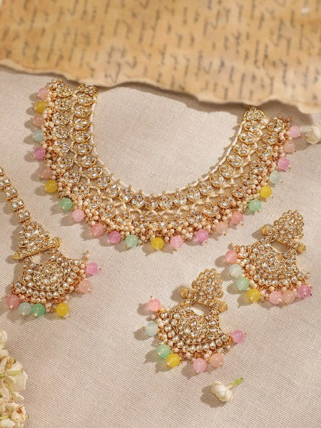 Women Gold Plated Kundan Studded Multicolor Pearl Beaded Traditional Jewellery Set VitansEthnics