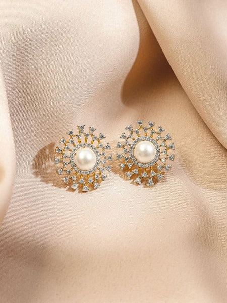 Women Gold-Plated Pearl & White Cubic Zirconia Studded Sunburst Pendant Necklace Set VitansEthnics