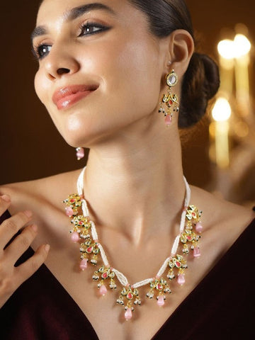 Women Gold-Plated Multicolor Kundan & Pink Beads Studded Pearl Layered Necklace Set VitansEthnics