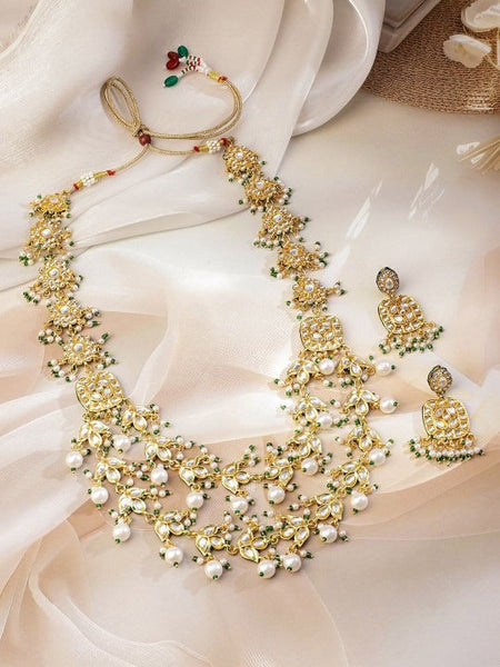 Women Gold-Plated White Kundan Studded Green Beaded & Pearl Drop Floral Jewellery Set VitansEthnics