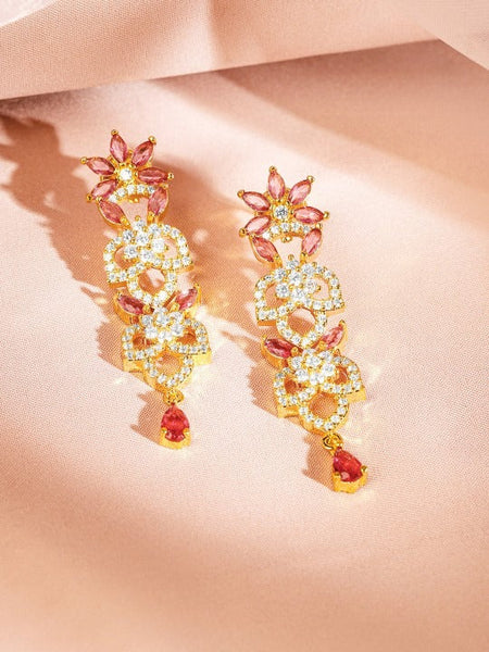 Women Gold Plated Ruby Pink & Cubic Zirconia Studded Necklace & Earrings Set VitansEthnics