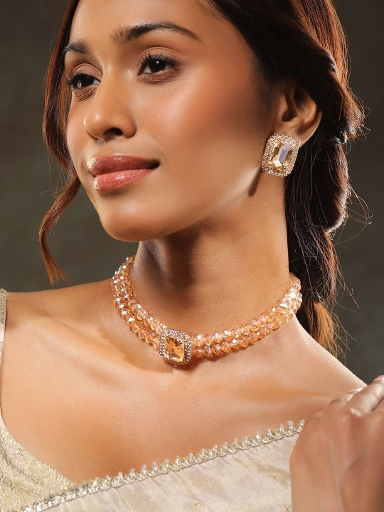Women Gold-Plated Light Gold Crystal Beaded & Cubic Zirconia Statement Necklace Set VitansEthnics
