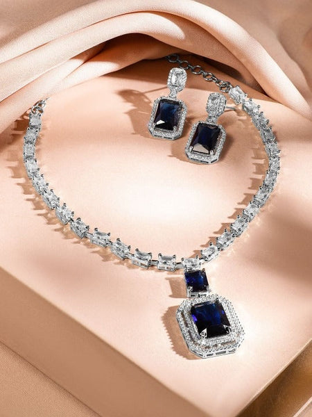 Women Rhodium-Plated Dark Blue Sapphire & White Cubic Zirconia Premium Jewellery Set VitansEthnics