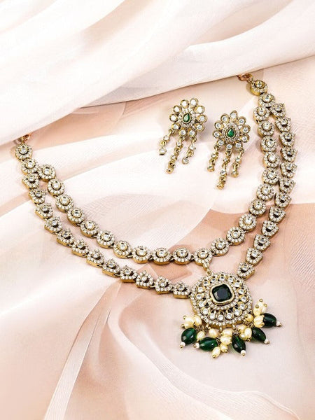 Women Gold-Plated Emerald Green & White Cubic Zirconia Stone Dual-Layer Necklace Set VitansEthnics