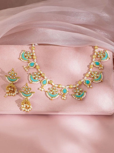 Women Gold Plated Turquoise Beaded & Kundan Stone Studded Traditional Jewellery Set VitansEthnics