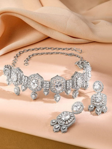 Women Rhodium-Plated AAA White Cubic Zirconia Studded Choker Jewellery Set VitansEthnics