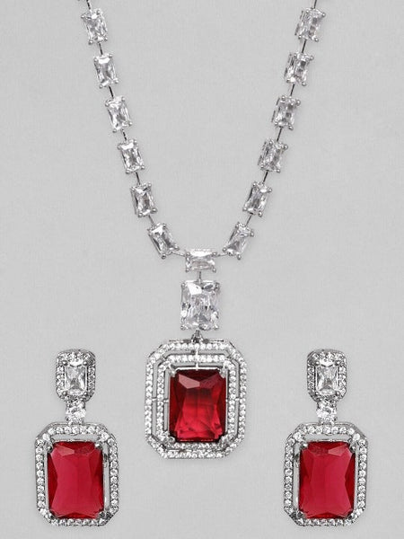 Women Rhodium-Plated Ruby Red & White Cubic Zirconia Studded Necklace Set VitansEthnics