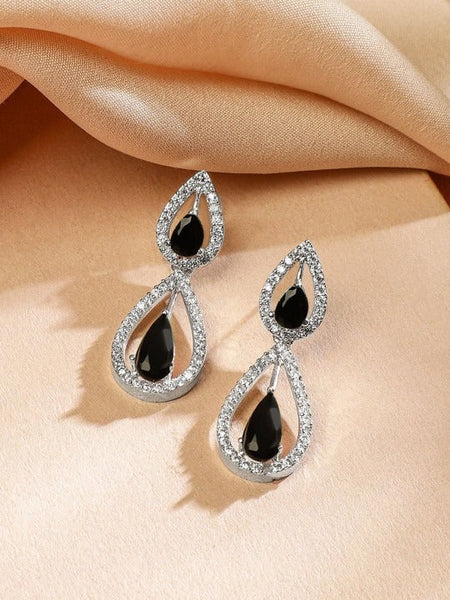 Women Rhodium-Plated Black AD & White Cubic Zirconia Studded Teardrop Design Necklace Set VitansEthnics