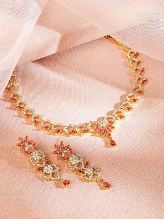 Women Gold Plated Ruby Pink & Cubic Zirconia Studded Necklace & Earrings Set VitansEthnics