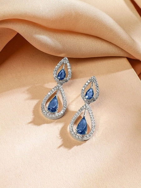 Women Rhodium-Plated Blue Sapphire & White Cubic Zirconia Studded Teardrop Necklace Set VitansEthnics