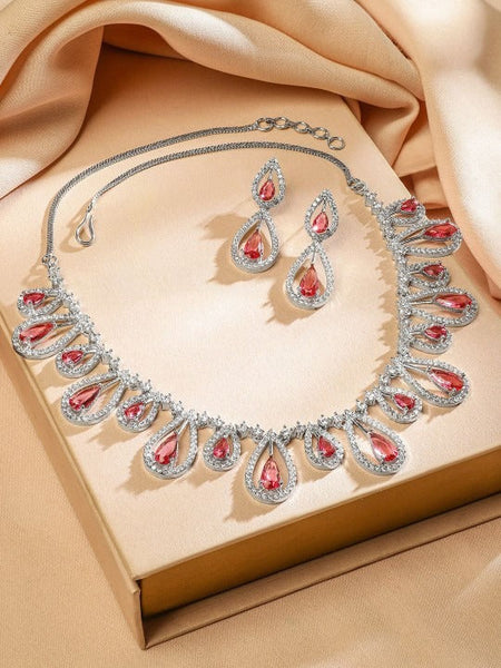 Women Rhodium-Plated Rose Pink & White Cubic Zirconia Studded Teardrop Necklace Set VitansEthnics