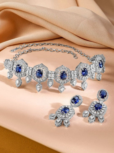 Women Rhodium-Plated Blue Sapphire & Cubic Zirconia Studded Choker Jewellery Set VitansEthnics