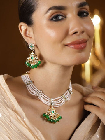 Women Gold-Plated White Pearl Multi-Strand Necklace Set with Kundan & Emerald Beads VitansEthnics