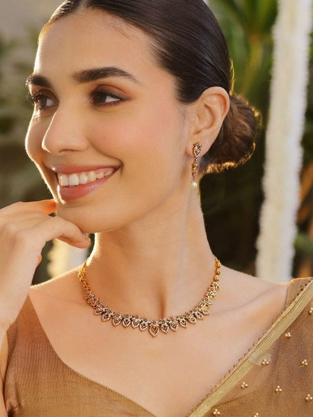 Women Gold-Plated Multicolour Cubic Zirconia Studded Floral Leaf Design Necklace Set VitansEthnics