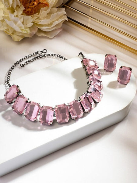Women Rhodium Plated Pastel Pink Crystal Cubic Zirconia Studded Choker Set VitansEthnics