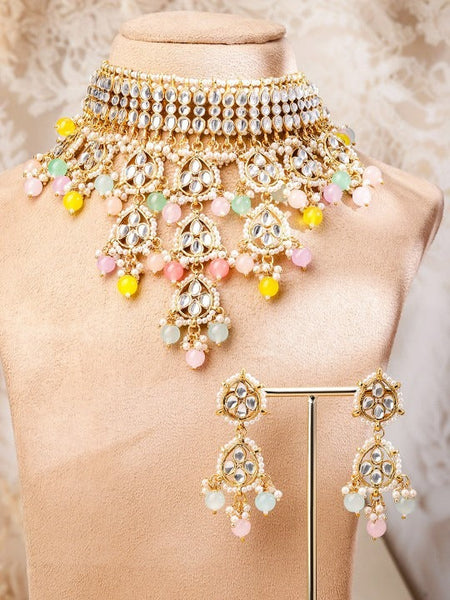 Women Gold-Plated White Kundan Studed & Pastel Multicolor Beaded Choker Necklace Set VitansEthnics
